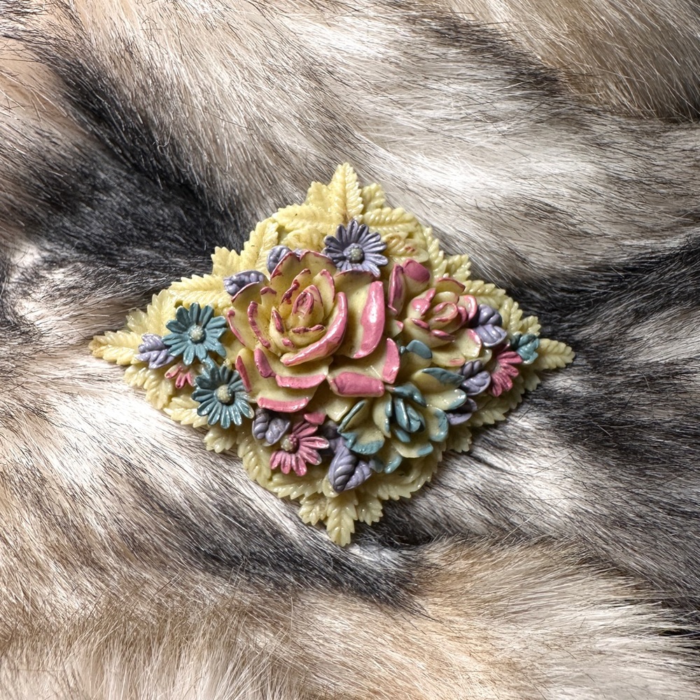 1930's Authentic Japanese Signed Floral Celluloid Brooch